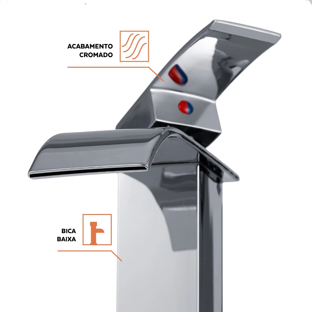 Torneira de Cuba Cascata Misturador Monocomando Cromado Detalhes Acabamento
