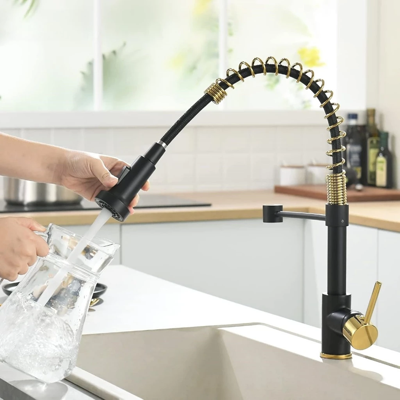 Torneira de Cuba para Cozinha Monocomando Luxo Preto com Dourado Jato